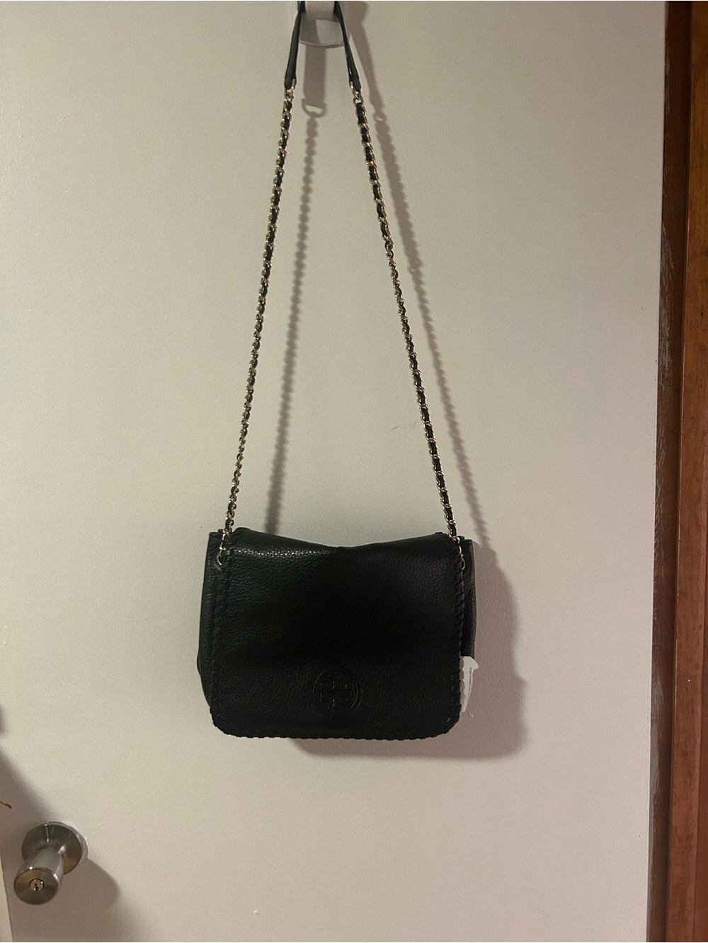 Tory Burch Black Pebbled Leather Shoulder Bag with Chain Strap